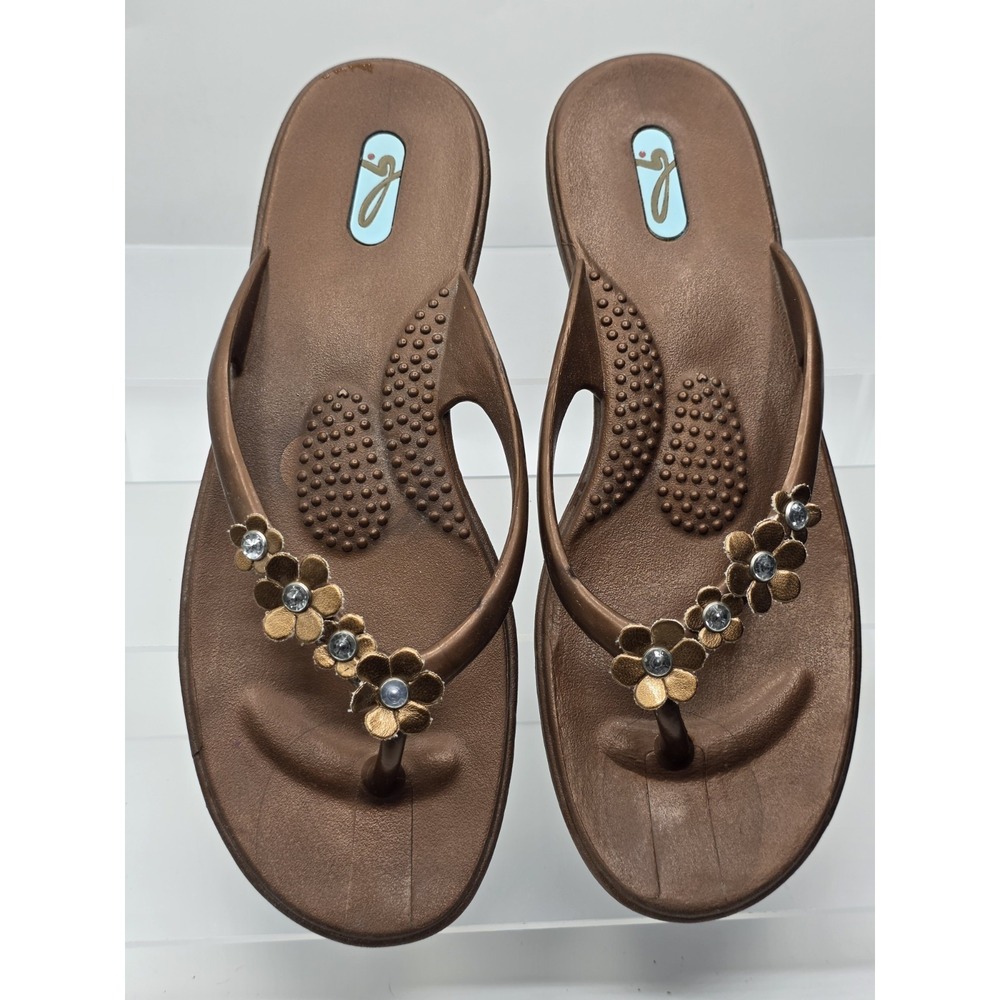 OKABEE FLIP FLOPS  Brown GOLD WITH FLOWERS SIZE M/L